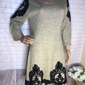 Chic Long Sleeve Dress with Black Lace Accents
